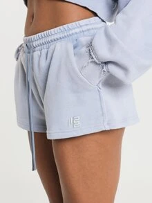 11SKNDS Fleece Mini Sweat Shorts With Elastic Drawstring Waist, Side Pockets, Logo Embroidery, Washed Casual Summer Everyday Lounge Wear - Dusty Blue - View 5
