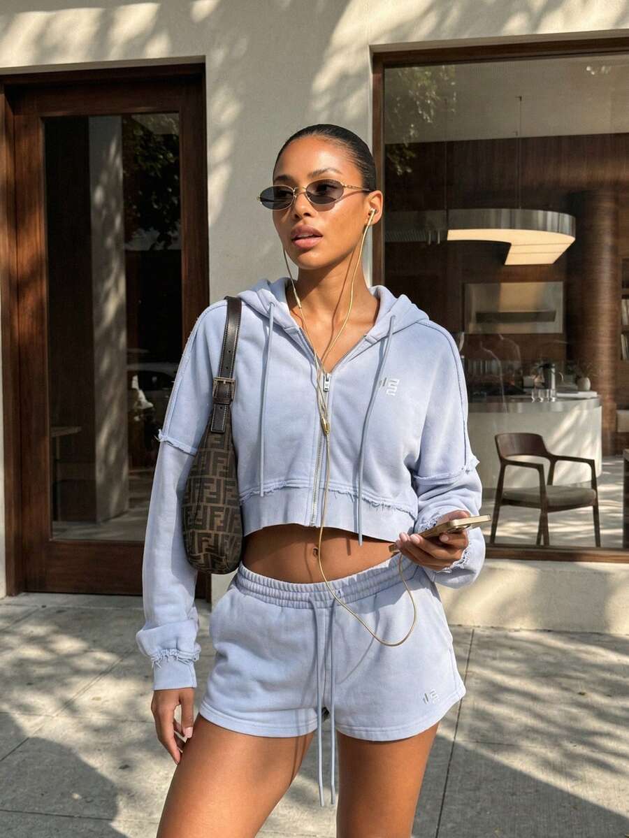 11SKNDS Fleece Mini Sweat Shorts With Elastic Drawstring Waist, Side Pockets, Logo Embroidery, Washed Casual Summer Everyday Lounge Wear - Dusty Blue - View 1