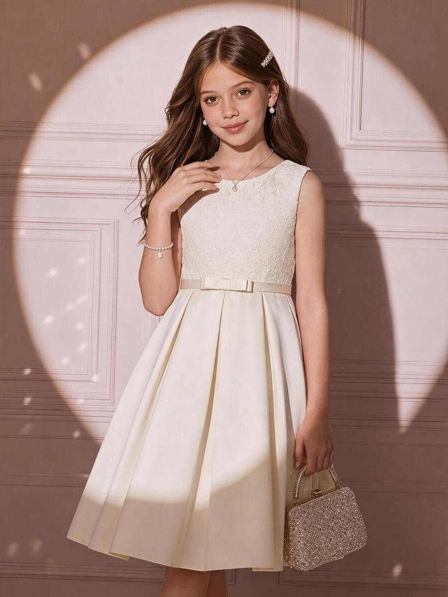 Tween Girls Girls' Cream White Lace Patchwork Satin Dress, Formal Gown For Big Tween Girl, Party Flower Girl, Graduation, Outfit - Apricot - View 1