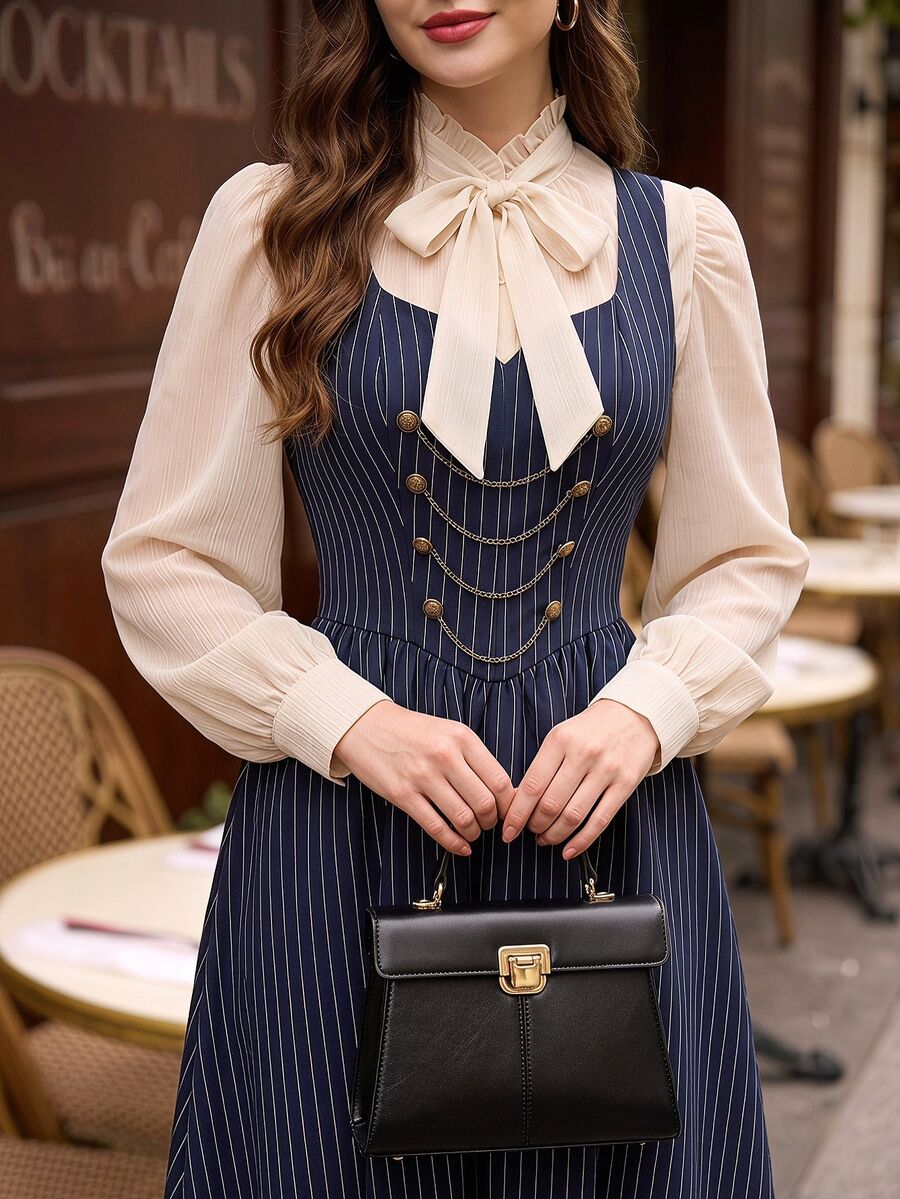 Vintamour 90s Retro Preppy Elegant Women's Striped Button Dress Summer ...