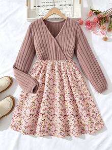 SHEIN Tween Girl Casual Minimalist Comfortable V-Neck Pullover Long Sleeve Patchwork Midi Dress, Tween Girl Autumn/Winter - Pink - View 6