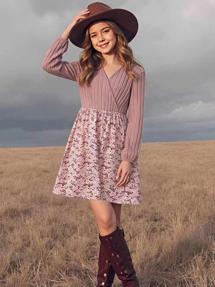 SHEIN Tween Girl Casual Minimalist Comfortable V-Neck Pullover Long Sleeve Patchwork Midi Dress, Tween Girl Autumn/Winter - Pink - View 1