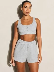11SKNDS Ribbed Knit High Rise Mini Shorts With Button Front Detail And Elastic Waistband For Casual Everyday Wear - Grey - View 3