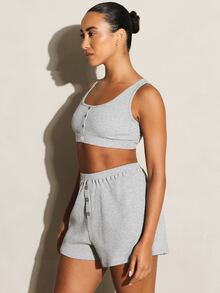 11SKNDS Ribbed Knit High Rise Mini Shorts With Button Front Detail And Elastic Waistband For Casual Everyday Wear - Grey - View 7