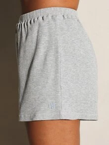 11SKNDS Ribbed Knit High Rise Mini Shorts With Button Front Detail And Elastic Waistband For Casual Everyday Wear - Grey - View 4