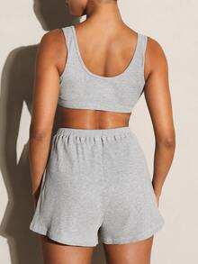 11SKNDS Ribbed Knit High Rise Mini Shorts With Button Front Detail And Elastic Waistband For Casual Everyday Wear - Grey - View 6