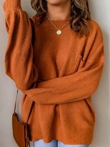 SHEIN LUNE Plus Drop Shoulder Pocket Patched Sweater, For Winter Knit Pullover Fall Autumn - Orange - View 4