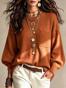 SHEIN LUNE Plus Drop Shoulder Pocket Patched Sweater, For Winter Knit Pullover Fall Autumn - Orange - View 3