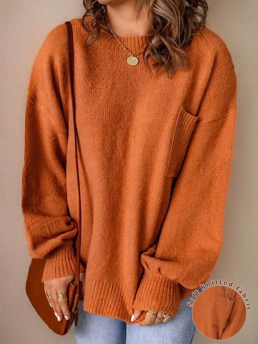 SHEIN LUNE Plus Drop Shoulder Pocket Patched Sweater, For Winter Knit Pullover Fall Autumn - Orange - View 1