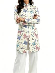 PopScrub Women's Shell And Conch Design Graphic Cartoon Print Light Apricot Fashion Stand Collar Long Sleeve Long Length Scrub Jacket, Double Pocket Patchwork Zipper Nurse Uniform Top, Uniform Jacket, Suitable For Hospital And Various Clinic Workwear - Multicolor - View 3
