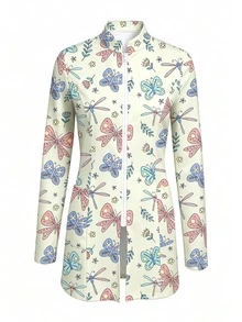 PopScrub Women's Shell And Conch Design Graphic Cartoon Print Light Apricot Fashion Stand Collar Long Sleeve Long Length Scrub Jacket, Double Pocket Patchwork Zipper Nurse Uniform Top, Uniform Jacket, Suitable For Hospital And Various Clinic Workwear - Multicolor - View 1