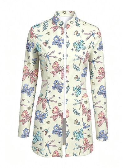 PopScrub Women's Shell And Conch Design Graphic Cartoon Print Light Apricot Fashion Stand Collar Long Sleeve Long Length Scrub Jacket, Double Pocket Patchwork Zipper Nurse Uniform Top, Uniform Jacket, Suitable For Hospital And Various Clinic Workwear