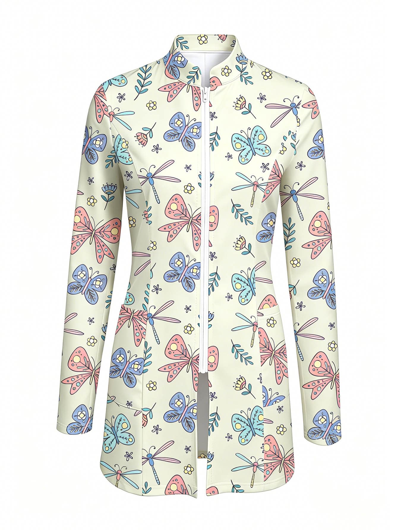PopScrub Women's Shell And Conch Design Graphic Cartoon Print Light Apricot Fashion Stand Collar Long Sleeve Long Length Scrub Jacket, Double Pocket Patchwork Zipper Nurse Uniform Top, Uniform Jacket, Suitable For Hospital And Various Clinic Workwear - Multicolor - View 1