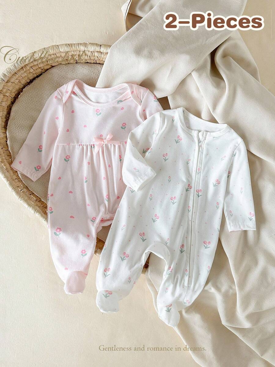 Cute Multicolor Long Sleeve Newborn Pajamas With Plant Print And Ruffle Details Girl Clothes Fall Autumn/Winter Round Neck Cotton Solid Pants 2pcs