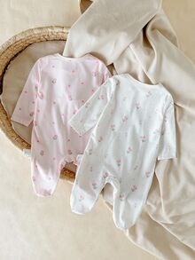 Cute Multicolor Long Sleeve Newborn Pajamas With Plant Print And Ruffle Details Girl Clothes Fall Autumn/Winter Round Neck Cotton Solid Pants 2pcs - Multicolor - View 3