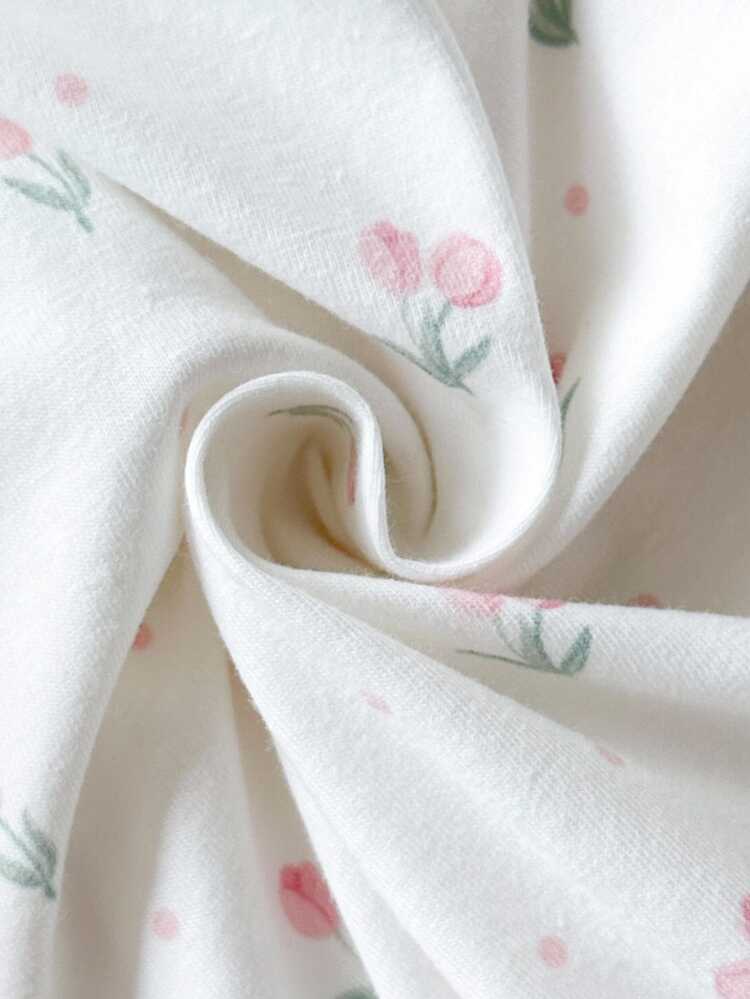 Cute Pastel Pink White Long Sleeve Newborn Pajamas Plant Print Ruffle Details Girl Clothes Autumn Winter Round Neck Cotton Pants 2pcs Family Matching - Multicolor - View 4