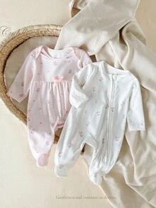Cute Multicolor Long Sleeve Newborn Pajamas With Plant Print And Ruffle Details Girl Clothes Fall Autumn/Winter Round Neck Cotton Solid Pants 2pcs - Multicolor - View 8