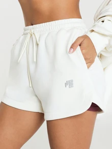 11SKNDS Fleece Sweat Shorts With Elasticated Drawstring Waist, Tonal Logo Emblem, Curved Hem, Relaxed Fit, Casual Everyday Lounge Summer Style - White - View 5