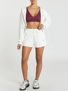 11SKNDS Fleece Sweat Shorts With Elasticated Drawstring Waist, Tonal Logo Emblem, Curved Hem, Relaxed Fit, Casual Everyday Lounge Summer Style - White - View 4