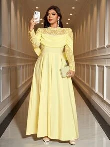 Reflora Plus Size Elegant Glamour Party Evening Solid Color Lace Patchwork Dress Wedding Soft Yellow Autumn - Yellow - View 8