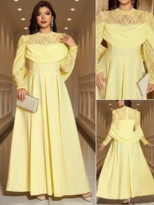 Reflora Plus Size Elegant Glamour Party Evening Solid Color Lace Patchwork Dress Wedding Soft Yellow Autumn - Yellow - View 2
