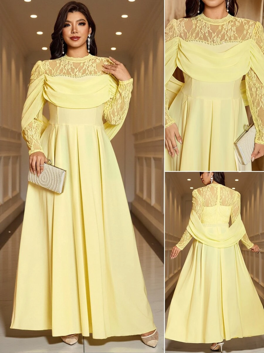 Reflora Plus Size Elegant Glamour Party Evening Solid Color Lace Patchwork Dress Wedding Soft Yellow Autumn