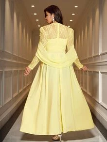 Reflora Plus Size Elegant Glamour Party Evening Solid Color Lace Patchwork Dress Wedding Soft Yellow Autumn - Yellow - View 10