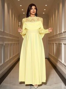 Reflora Plus Size Elegant Glamour Party Evening Solid Color Lace Patchwork Dress Wedding Soft Yellow Autumn - Yellow - View 9