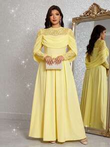 Reflora Plus Size Elegant Glamour Party Evening Solid Color Lace Patchwork Dress Wedding Soft Yellow Autumn - Yellow - View 12