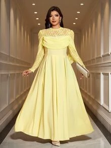 Reflora Plus Size Elegant Glamour Party Evening Solid Color Lace Patchwork Dress Wedding Soft Yellow Autumn - Yellow - View 5
