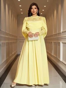 Reflora Plus Size Elegant Glamour Party Evening Solid Color Lace Patchwork Dress Wedding Soft Yellow Autumn - Yellow - View 6