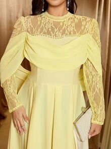 Reflora Plus Size Elegant Glamour Party Evening Solid Color Lace Patchwork Dress Wedding Soft Yellow Autumn - Yellow - View 3