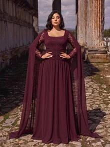 Aureia فستان طويل أنيق رومانسي بمقاس كبير باللون البنفسجي والأحمر من الدانتيل والشيفون بتصميم مرقع وياقة على شكل حرف U وأكمام طويلة شفافة وتصميم مجعد على الكتف مع تنورة شيفون متطايرة بقصة A-خط وذيل طويل مناسب للعطلات وحفلات أعياد الميلاد وحفلات توديع العزوبية وحفلات الزفاف والمناسبات الرسمية والمسائية - أحمر بنفسجي - مشاهدة 3