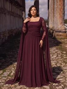 Aureia فستان طويل أنيق رومانسي بمقاس كبير باللون البنفسجي والأحمر من الدانتيل والشيفون بتصميم مرقع وياقة على شكل حرف U وأكمام طويلة شفافة وتصميم مجعد على الكتف مع تنورة شيفون متطايرة بقصة A-خط وذيل طويل مناسب للعطلات وحفلات أعياد الميلاد وحفلات توديع العزوبية وحفلات الزفاف والمناسبات الرسمية والمسائية - أحمر بنفسجي - مشاهدة 2