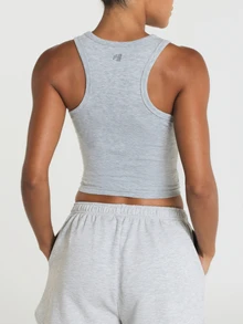 11SKNDS Ribbed Crop Tank Top With High Round Neckline, Soft Heathered Fabric, Perfect For Everyday Casual Wear And Spring Summer Layering - Grey - View 4