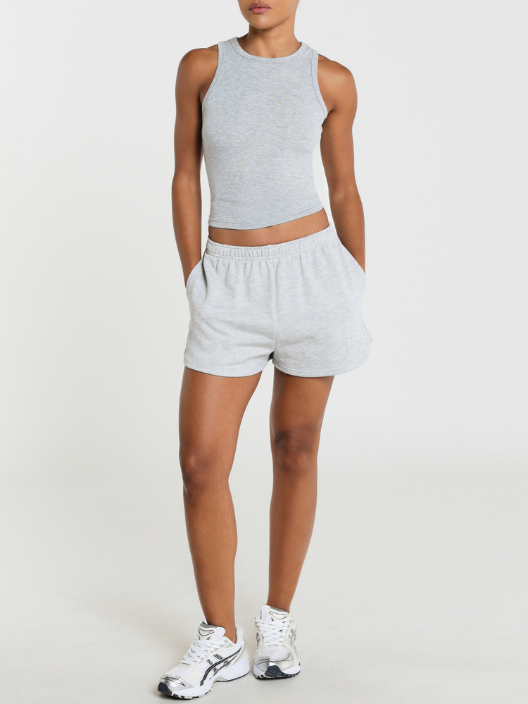 11SKNDS Ribbed Crop Tank Top With High Round Neckline, Soft Heathered Fabric, Perfect For Everyday Casual Wear And Spring Summer Layering - Grey - View 3