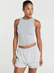 11SKNDS Ribbed Crop Tank Top With High Round Neckline, Soft Heathered Fabric, Perfect For Everyday Casual Wear And Spring Summer Layering - Grey - View 7