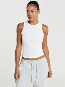 11SKNDS Ribbed Crop Tank Top With High Crew Neckline And Racerback Design, Sleeveless Fitted Cropped Tee For Summer And Everyday Casual Wear All White - White - View 6