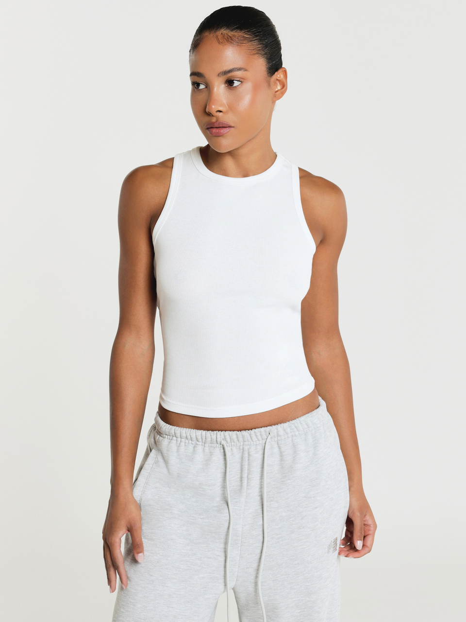 11SKNDS Ribbed Crop Tank Top With High Crew Neckline And Racerback Design, Sleeveless Fitted Cropped Tee For Summer And Everyday Casual Wear All White