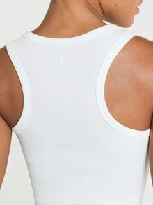 11SKNDS Ribbed Crop Tank Top With High Crew Neckline And Racerback Design, Sleeveless Fitted Cropped Tee For Summer And Everyday Casual Wear All White - White - View 5