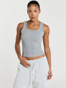11SKNDS Ribbed Crop Tank Top With Scoop Neckline, Fitted Silhouette, Wide Straps, Heathered Texture, Casual For Spring Summer Brunch Grey White - Grey - View 6