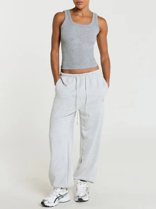 11SKNDS Ribbed Crop Tank Top With Scoop Neckline, Fitted Silhouette, Wide Straps, Heathered Texture, Casual For Spring Summer Brunch Grey White - Grey - View 3