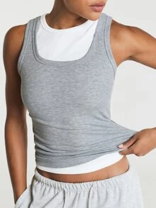 11SKNDS Ribbed Crop Tank Top With Scoop Neckline, Fitted Silhouette, Wide Straps, Heathered Texture, Casual For Spring Summer Brunch Grey White - Grey - View 2