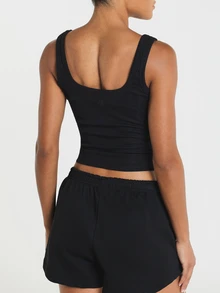 11SKNDS Ribbed Crop Tank Top With Square Neckline, Wide Straps, Fitted Silhouette, Cropped Hem, Everyday Casual Summer Essential - Black - View 3