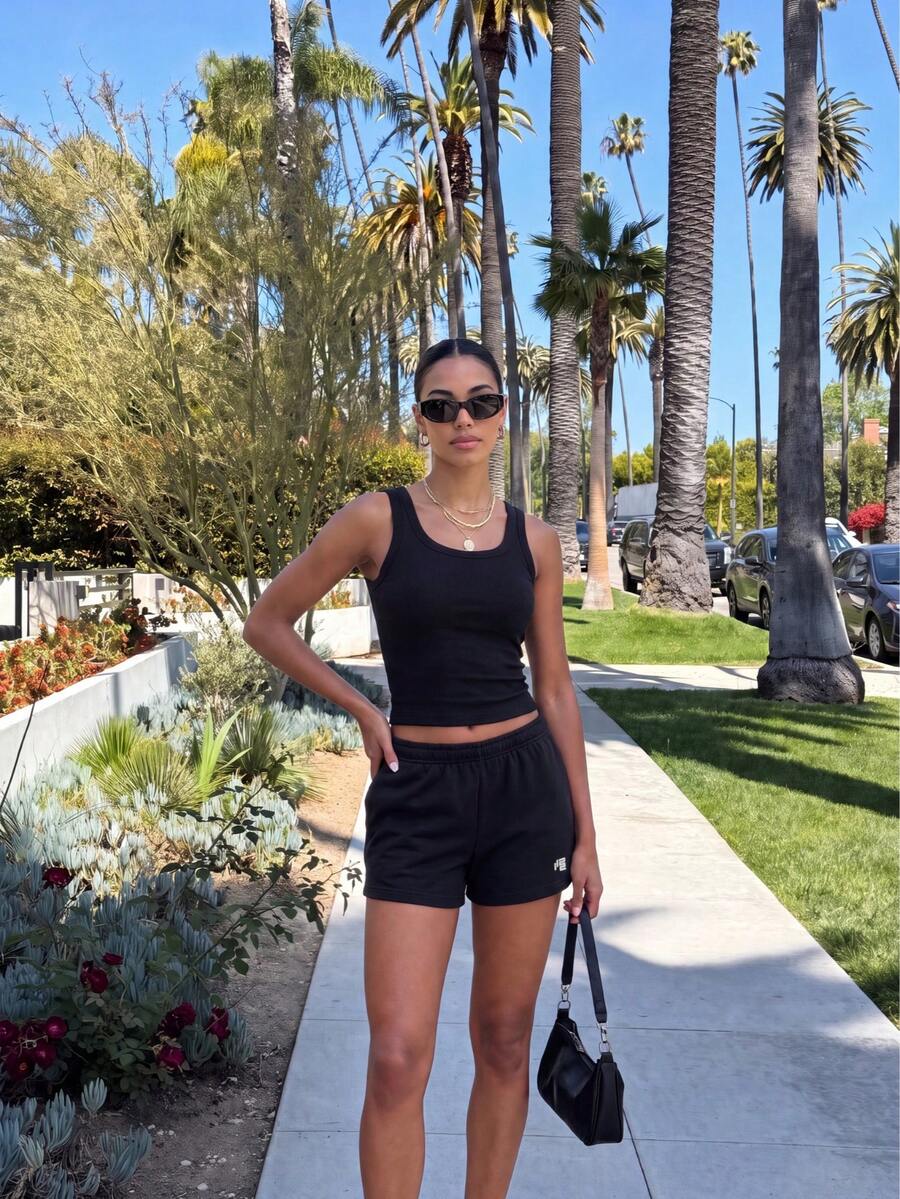 11SKNDS Ribbed Crop Tank Top With Square Neckline, Wide Straps, Fitted Silhouette, Cropped Hem, Everyday Casual Summer Essential - Black - View 1