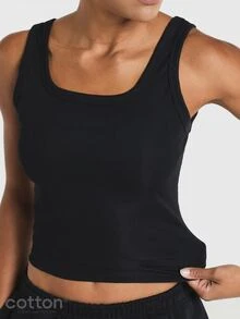 11SKNDS Ribbed Crop Tank Top With Square Neckline, Wide Straps, Fitted Silhouette, Cropped Hem, Everyday Casual Summer Essential - Black - View 2