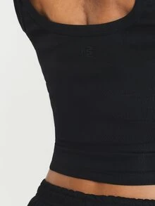 11SKNDS Ribbed Crop Tank Top With Square Neckline, Wide Straps, Fitted Silhouette, Cropped Hem, Everyday Casual Summer Essential - Black - View 5