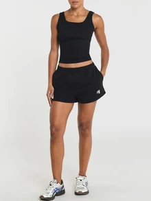 11SKNDS Ribbed Crop Tank Top With Square Neckline, Wide Straps, Fitted Silhouette, Cropped Hem, Everyday Casual Summer Essential - Black - View 4