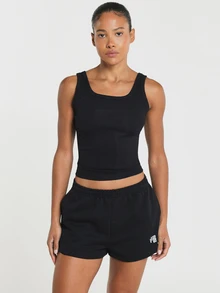 11SKNDS Ribbed Crop Tank Top With Square Neckline, Wide Straps, Fitted Silhouette, Cropped Hem, Everyday Casual Summer Essential - Black - View 6