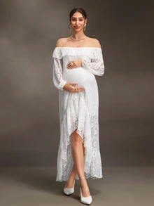 Cheriluna Maternity 白色蕾絲拼接孕婦優雅休閒洋裝，適合夏季/婚禮拍照/秋季孕婦穿著 - 白色 - 查看 8
